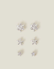 3-Pack Sterling Silver-Plated Flower Stud Earrings, , large