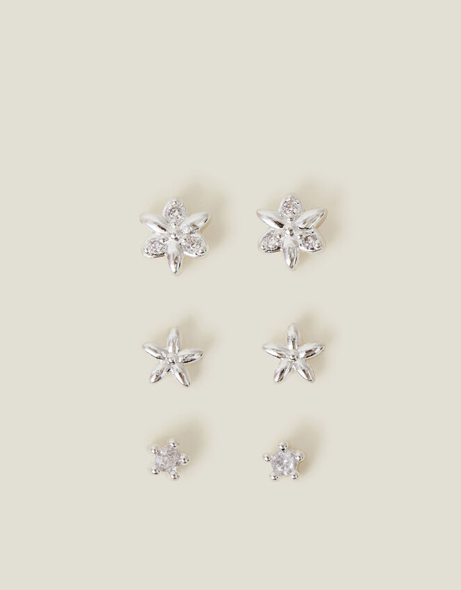 3-Pack Sterling Silver-Plated Flower Stud Earrings, , large