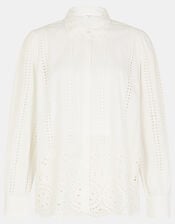 Long Sleeve Broderie Shirt, White (WHITE), large