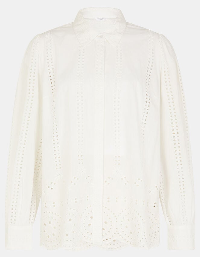 Long Sleeve Broderie Shirt, White (WHITE), large
