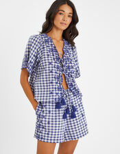 Gingham Embroidered Tie Top, Blue (BLUE), large