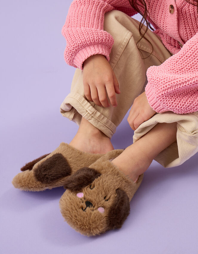 Girls Fluffy Dog Slippers, Tan (TAN), large