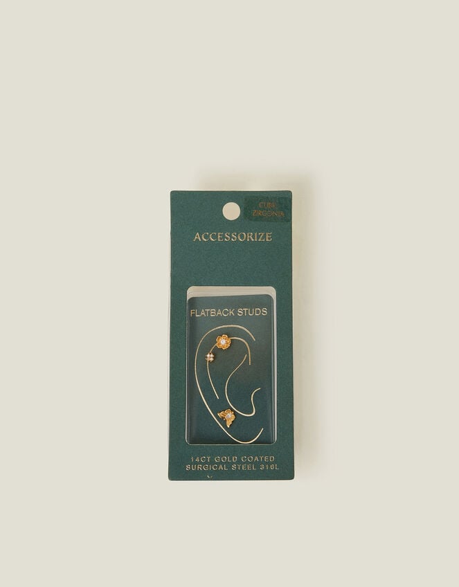 3-Pack 14ct Gold-Plated Flower Flatback Stud Earrings, , large