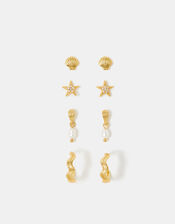4-Pack 14ct Gold-Plated Shell Pearl Stud & Hoop Earrings, , large