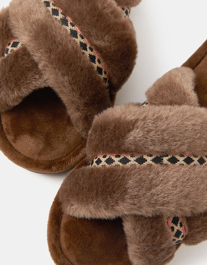 Fluffy Braid Crossover Slide Slippers, Brown (CHOCOLATE), large