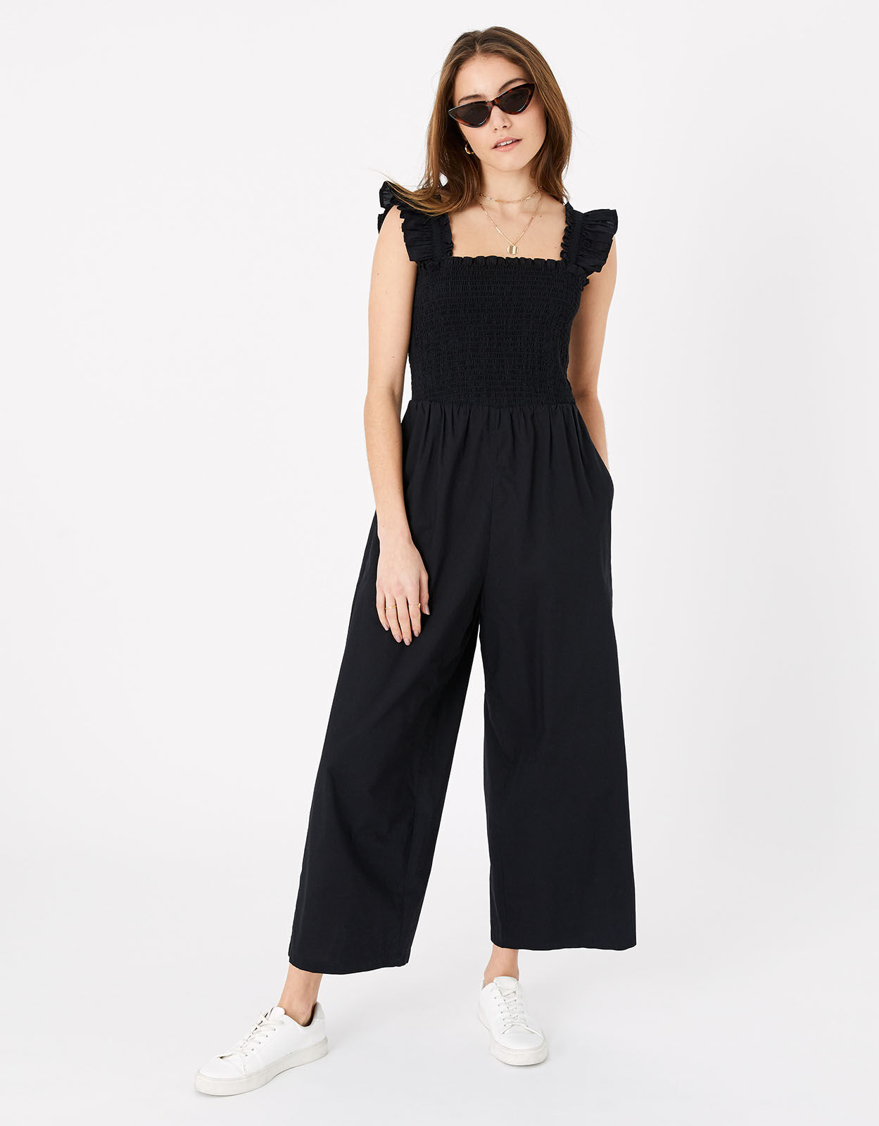 Black smocked shop jumpsuit