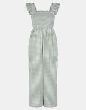 Gingham Print Frill Jumpsuit, Green (GREEN), large