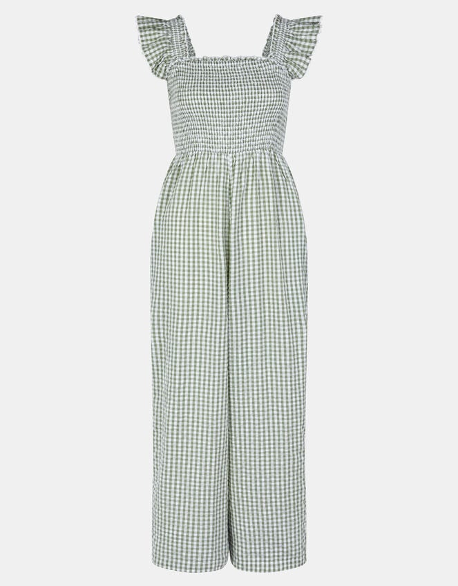 Gingham Print Frill Jumpsuit, Green (GREEN), large