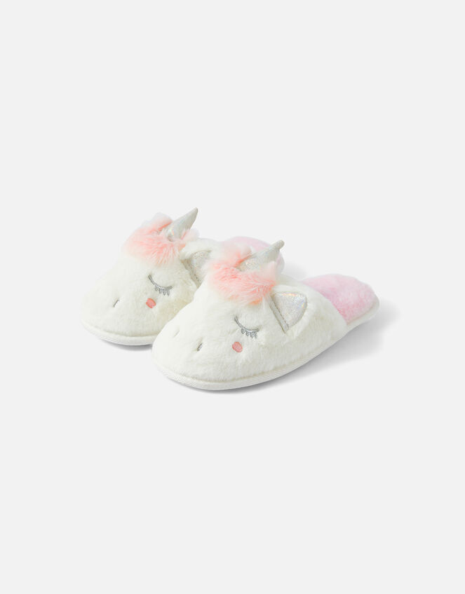 Girls Unicorn Fluffy Mule Slippers, Ivory (IVORY), large
