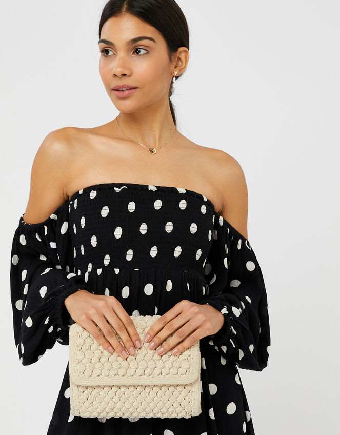 Polka-Dot Puff Sleeve Midi Dress, Black (BLACK WHITE), large