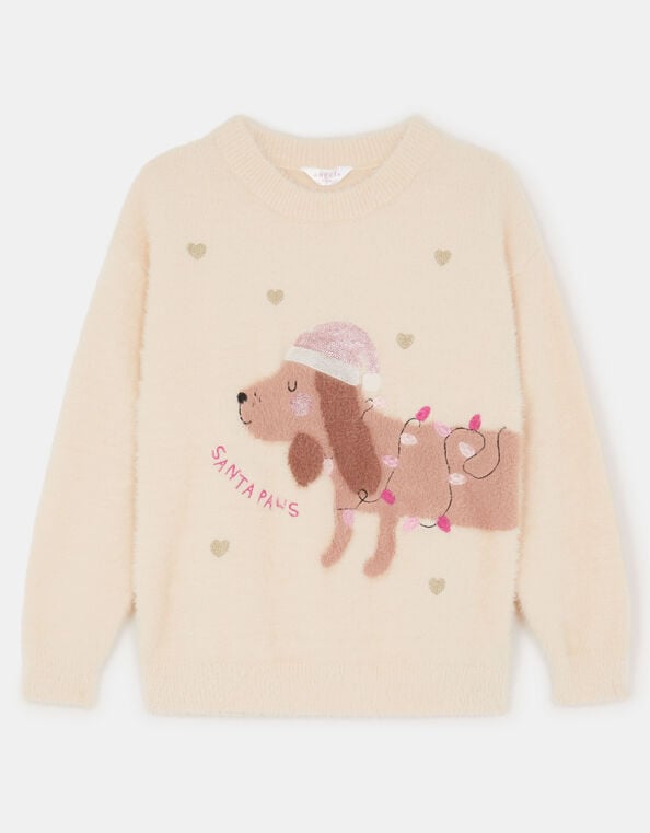 Girls Fluffy Dog Christmas Jumper, Ivory (IVORY), large