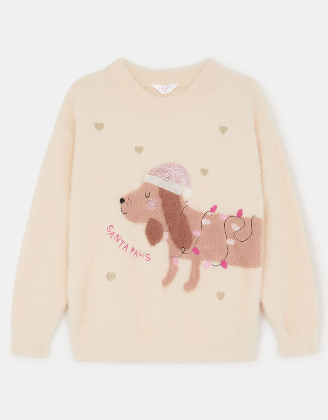 Girls Fluffy Dog Christmas Jumper, Ivory (IVORY), large