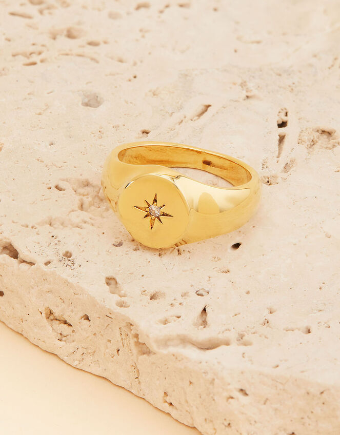 14ct Gold-Plated Sparkle Star Irregular Signet Ring, Gold (GOLD), large