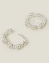 Sterling Silver-Plated Flower Sparkle Hoop Earrings, , large