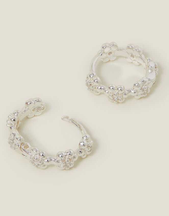 Sterling Silver-Plated Flower Sparkle Hoop Earrings, , large