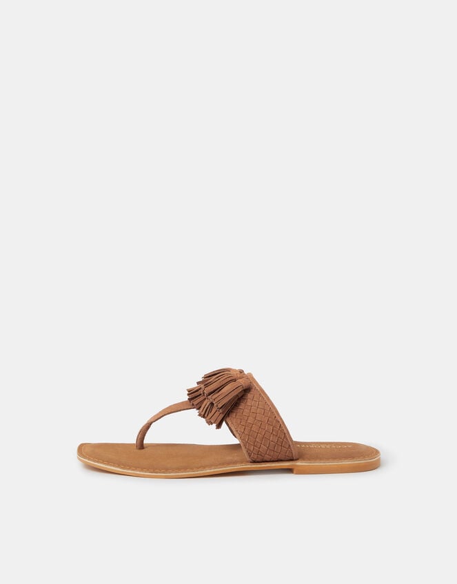 Fringe Strap Suede Sandals, Tan (TAN), large