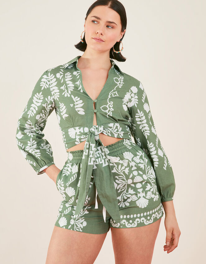 Ornamental Tie Front Shirt, Green (KHAKI), large