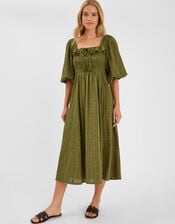 Check Puff Sleeve Smocked Midi Dress, Green (KHAKI), large
