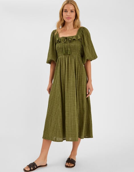 Check Puff Sleeve Smocked Midi Dress, Green (KHAKI), large