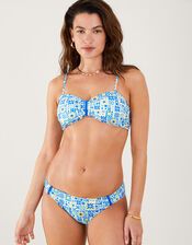 Retro Tile Print Bandeau Bikini Top, Blue (BLUE), large