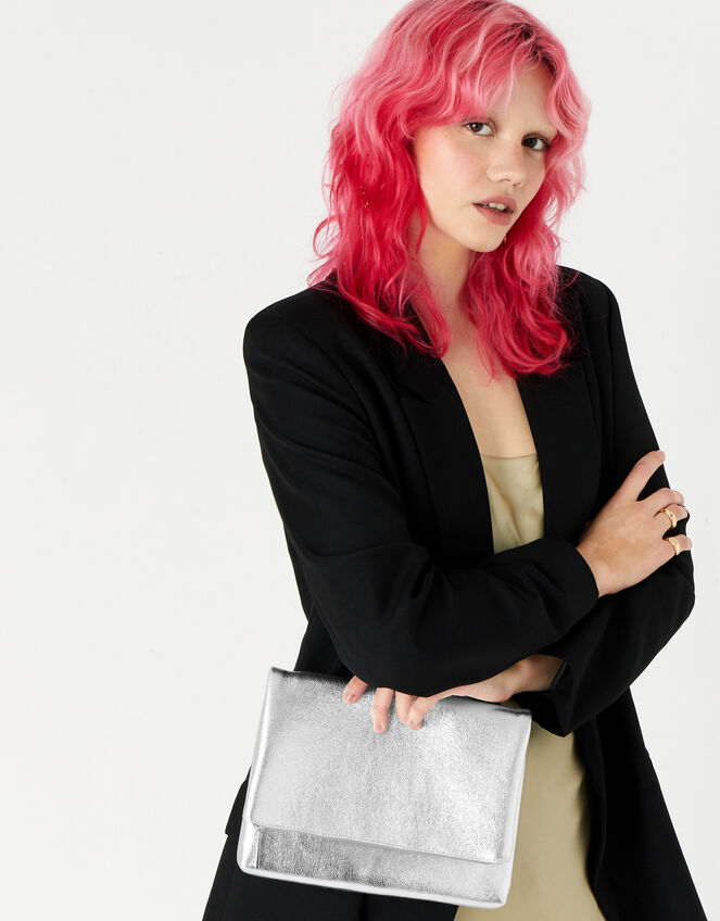 Foldover Clutch Bag, Silver (SILVER), large