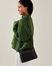 Zip Detail Leather Cross-Body Bag, Black (BLACK), large