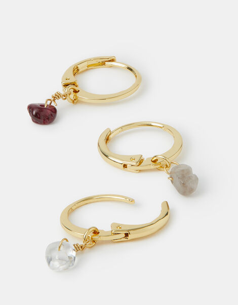 3-Pack 14ct Gold-Plated Semi-Precious Charm Hoop Earrings, , large
