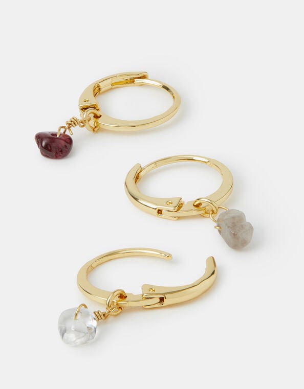 3-Pack 14ct Gold-Plated Semi-Precious Charm Hoop Earrings, , large
