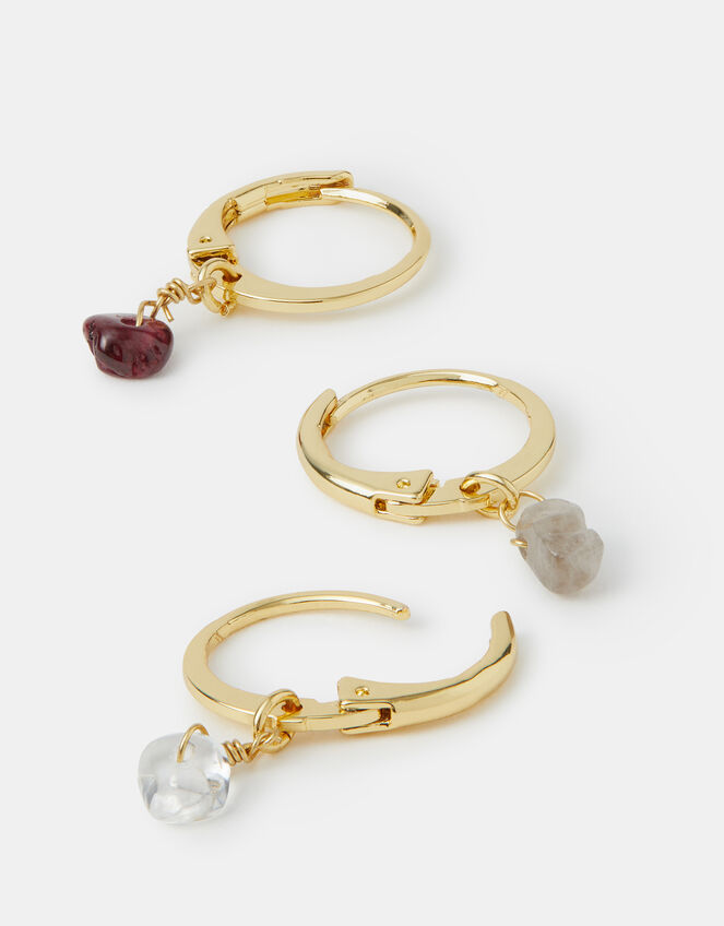 3-Pack 14ct Gold-Plated Semi-Precious Charm Hoop Earrings, , large