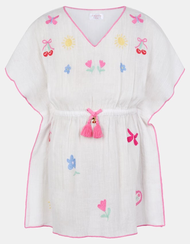 Girls Cherry Embroidered Kaftan, White (WHITE), large