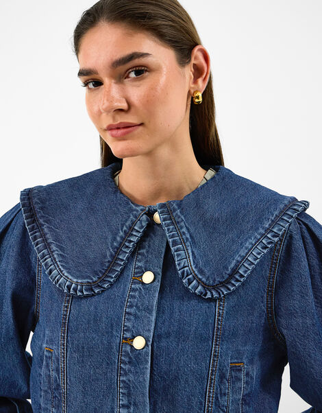 Frill Collar Denim Jacket, Blue (BLUE), large