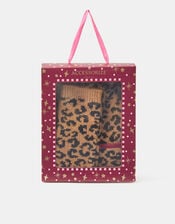 Leopard Print Beanie & Fingerless Gloves Set, , large