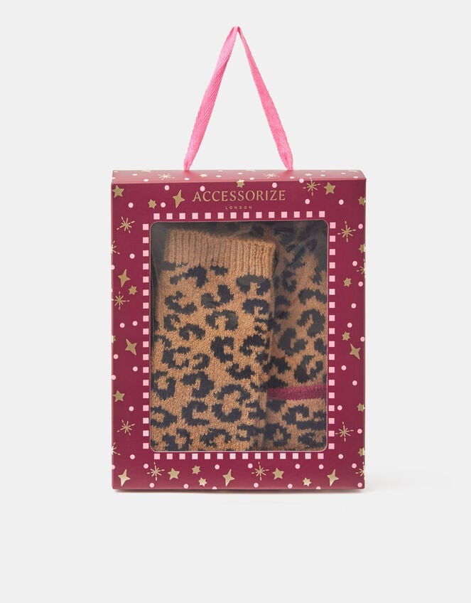 Leopard Print Beanie & Fingerless Gloves Set, , large