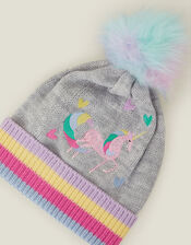 Girls Unicorn Pom Beanie Hat, Grey (GREY), large
