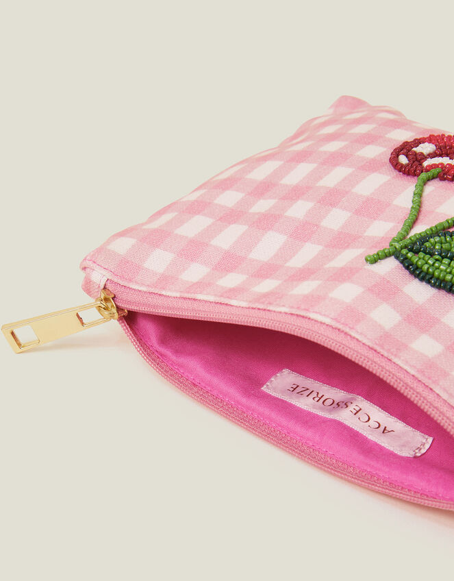 Cherry Beaded Gingham Pouch, , large