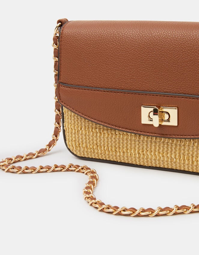 Twistlock Raffia Crossbody Bag, Tan (TAN), large
