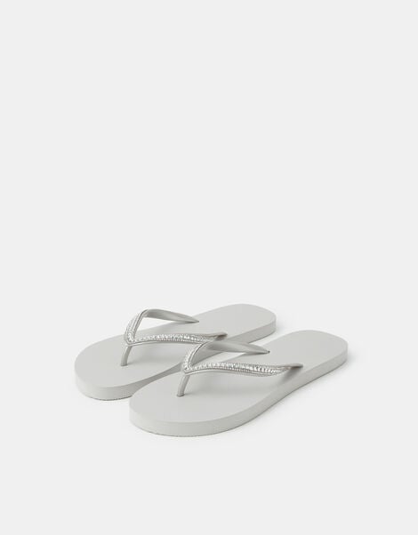 Crystal Embellished Flip Flops, Silver (SILVER), large