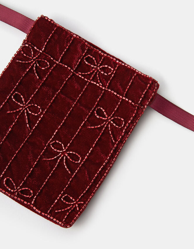 Embellished Bow Velvet Drawstring Bag, , large
