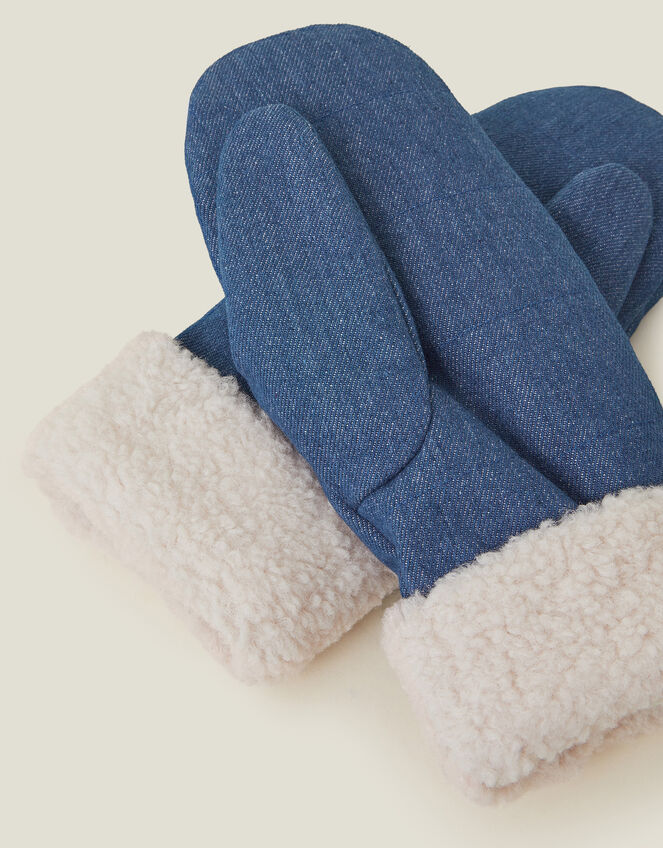 Faux Shearling Cuff Denim Mittens, , large