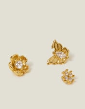 3-Pack 14ct Gold-Plated Flower Flatback Stud Earrings, , large