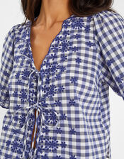 Gingham Embroidered Tie Top, Blue (BLUE), large