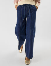 Denim Pintuck Wide Leg Trousers, Blue (DARK BLUE), large