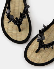 Sequin Embellished Seagrass Flip Flops, Black (BLACK), large