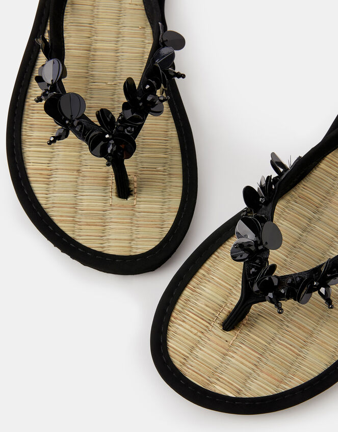 Sequin Embellished Seagrass Flip Flops, Black (BLACK), large