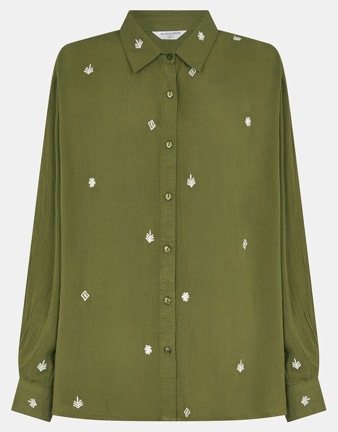 Embroidered Crinkle Shirt, Green (KHAKI), large