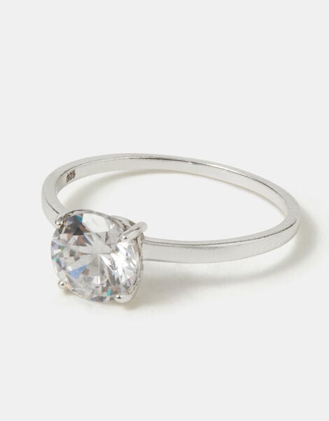 Sterling Silver Round Cut Engagement Ring, Silver (ST SILVER), large