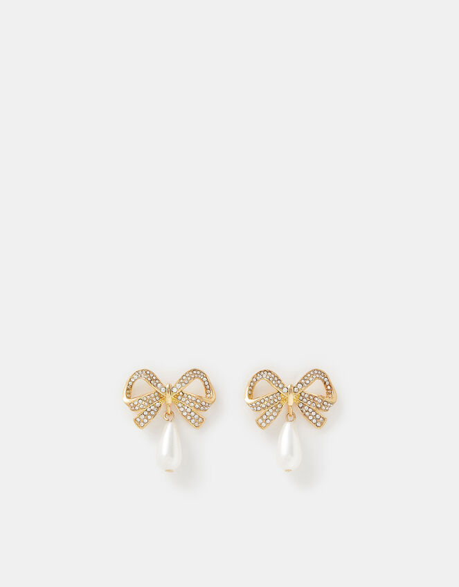 Diamanté Bow Pearl Drop Earrings, , large