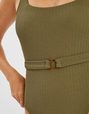 Texture Belted Swimsuit, Green (KHAKI), large
