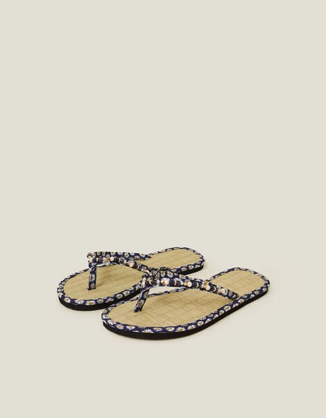 Daisy Print Seagrass Footbed Sandals, Blue (NAVY), large