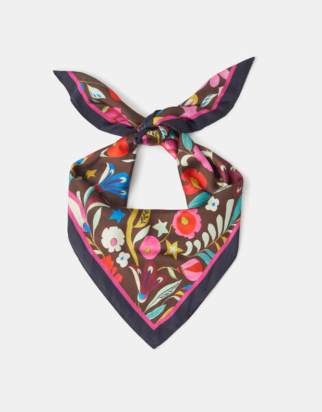 Floral Print Square Satin Scarf, , large
